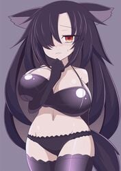 1girls black_bra black_hair black_legwear black_panties blush bra breasts hair_over_one_eye huge_breasts kagerou_imaizumi large_breasts long_hair panties red_eyes solo thighhighs touhou wolf_ears wolf_tail xialu_zajin