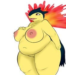 absurd_res anthro anthrofied areola belly big_belly big_breasts bodily_fluids breasts breath chest_tuft curvy_figure embarrassed female fire genitals hi_res huge_breasts hyper hyper_belly nintendo nipples obese obese_anthro open_mouth overweight overweight_anthro overweight_female panting plantedpot pokemon pokemon_(species) pussy solo sweat thick_thighs tongue tongue_out tuft typhlosion video_games voluptuous wide_hips