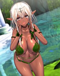 3d belly_chain bikini blush brown_eyes cleavage custom_maid_3d_2 dark-skinned_female dark_elf dark_skin day elf green_bikini green_swimsuit green_swimwear jewelry large_breasts leaf_bikini leaf_bra leaf_clothing leaf_on_breast leaf_on_crotch midriff minamo_rm navel original pointy_ears shiny short_hair smile solo swimsuit swimwear white_hair