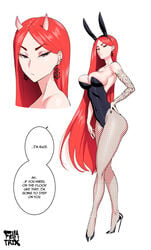 1girls alice_(fellatrix) big_breasts breasts bunny_ears bunny_girl bunnysuit cleavage earrings fellatrix female female_only femdom fishnets horns large_breasts long_hair looking_at_viewer original red_hair solo solo_female speech_bubble standing tattoo text