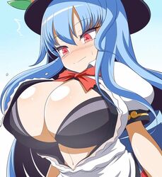 1girls black_bra blue_hair blush bra breasts bursting_breasts hat huge_breasts large_breasts long_hair open_shirt red_eyes shirt solo tenshi_hinanawi touhou wardrobe_malfunction white_shirt xialu_zajin