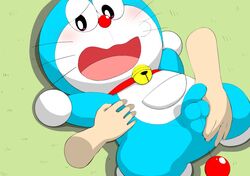 adorable anal anus balls blue_body blue_skin blush blushing cat collar cute cute_face doraemon doraemon_(character) feline jingle_bell machine male male_only open_mouth penis red_collar red_nose red_tail robot testicles urumeme whiskers white_feet white_hands