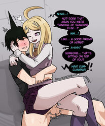 1boy akamatsu_kaede assertive big_breasts blonde_hair blush breasts clothed clothed_sex clothing comic crossed_legs danganronpa danganronpa_v3 dialogue female femdom hugging_from_behind male mosbles penis pink_eyes straight straight_hair thick_thighs thigh_sex