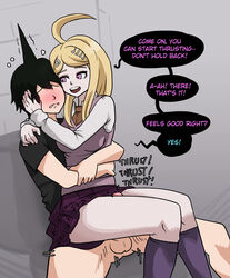 1boy akamatsu_kaede assertive big_breasts blonde_hair blush breasts clothed clothed_sex clothing comic danganronpa danganronpa_v3 female femdom hugging_from_behind male mosbles penis straight straight_hair thick_thighs thigh_sex