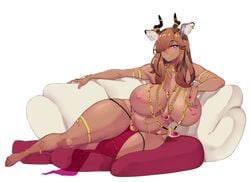 1girls animal_ears animal_girl anklet areolae arm_bracelets armband ass bbw belly belly_button big_ass big_breasts bracelet bracelets breasts brown_hair chubby chubby_female curvaceous curves curvy curvy_figure dark_skin deer_ears deer_girl deer_horns earrings fat_ass female female_only gem gemstone gold gold_jewelry hips horn_ring horns huge_breasts humanoid illboxart jewelry kemonomimi large_ass large_breasts large_thighs leg_bracelet loincloth long_hair looking_at_viewer lots_of_jewelry lying lying_on_couch lying_on_pillow lying_on_side milf naked_jewelry navel necklace nipple_piercing nipples nude nude_female painted_nails piercing pillow pink_eyes plump queen ring rings small_nipples smile smiling solo solo_female thick_thighs thighs topless transparent_clothing voluptuous waist_chain wide_hips wide_thighs