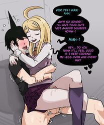1boy akamatsu_kaede assertive big_breasts blonde_hair blush breasts clothed clothed_sex clothing comic crossed_legs danganronpa danganronpa_v3 dialogue female femdom hugging_from_behind male mosbles penis straight straight_hair thick_thighs thigh_sex