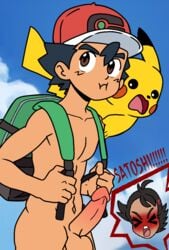 2boys bag balls big_penis black_hair blush brown_eyes embarrassed erection goh_(pokemon) hat looking_away male_only naked nintendo nude nude_male open_mouth penis pikachu pokemon pokemon_journeys pout rulex99 satoshi_(pokemon) shocked sky speech_bubble tagme yelling