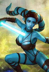 1girls aayla_secura blue_eyes blue_skin female female_only headgear jedi large_breasts lightsaber mironishin panties solo star_wars twi'lek underwear voluptuous