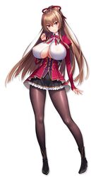 brown_hair cleavage female game_cg hair_ornament honoo_no_haramase huge_breasts long_hair looking_at_viewer open_shirt school_uniform schoolgirl smiling