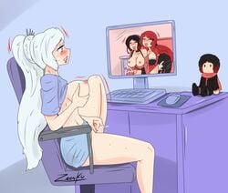 1girls 2futas ambiguous_penetration areolae breasts clothed_masturbation clothing computer crescent_rose_(rwby) cum_in_pussy cum_inside cum_while_penetrated cumshot desktop electronics female female_orgasm fingering fingering_self from_behind futa_on_futa futanari gooning human humanized masturbation pale_skin partially_clothed penis pornography ruby_rose rwby skirt streaming vaginal_insertion voyeur voyeurism watching watching_porn weiss_schnee zronku