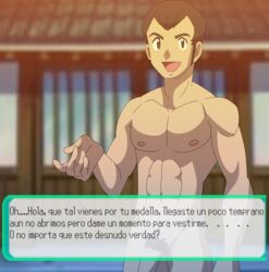 1boy abs areolae balls censored cowboy_shot erect_nipples flaccid flaccid_penis gesture hanging_balls large_penis male male_only muscular_male nipples norman_(pokemon) nude out_of_frame_censoring pecs penis pointless_censoring pokemon rulex99 spanish_text speaking_to_viewer tagme