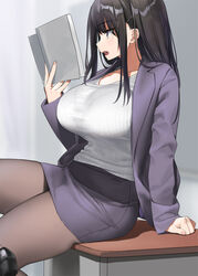 1girls 2020 black_hair blazer book breasts clothed clothing desk eyebrows_visible_through_hair female female_only hairclip highres holding_book huge_breasts indoors jacket kaisen_chuui long_hair open_clothes open_jacket open_mouth original pantyhose pencil_skirt purple_eyes sitting sitting_on_desk sitting_on_table skirt solo table teacher teeth thick_thighs thighs tongue