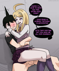 1boy akamatsu_kaede assertive big_breasts blonde_hair blush breasts clothed clothed_sex clothing comic danganronpa danganronpa_v3 female femdom hugging_from_behind male mosbles penis straight straight_hair thick_thighs thigh_sex