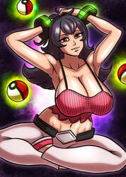 1girls alternate_breast_size armpits beg4cake big_penis bracelets breasts cleavage crop_top female female_focus female_only female_solo game_freak gym_leader huge_breasts light-skinned_female looking_at_viewer nintendo pink_crop_top pokeball pokemon pokemon_hgss pokemon_rgby sabrina_(pokemon) sabrina_(pokemon_hgss) smiling_at_viewer solo solo_female thick_thighs thighs voluptuous