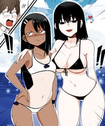 1boy 2girls alternate_version_available angry bare_legs bikini blue_sky blush breast_size_difference cloud colored colorized curvy_figure female hayase_nagatoro highres male misaki_nagatoro mole naoto_hachioji_(senpai) no_pupils nonamoth ocean older_sister open_mouth please_don't_bully_me,_nagatoro seductive seductive_eyes seductive_look seductive_smile sisters small_breasts swimsuit tan tanline