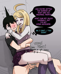 1boy akamatsu_kaede assertive big_breasts blonde_hair blush breasts clothed clothed_sex clothing comic danganronpa danganronpa_v3 female femdom hugging_from_behind male mosbles penis straight straight_hair thick_thighs thigh_sex