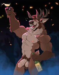 1boy anthro antlers badcoyote balls brown_body brown_fur capreoline cervid chest_tuft closed_eyes ear_piercing flaccid foreskin fur genitals happy hi_res horn humanoid_genitalia humanoid_penis male male_only mammal muscular muscular_anthro muscular_male neck_tuft nude open_mouth party penis piercing pubes reindeer smile solo standing tuft uncut wine_bottle wine_glass