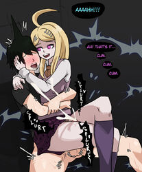 1boy akamatsu_kaede assertive big_breasts blonde_hair blush clothed clothed_sex clothing comic crossed_legs cum_on_leg cum_on_legs cum_on_self cumshot danganronpa danganronpa_v3 dialogue ejaculation_between_thighs femdom hugging_from_behind mosbles penis pink_eyes straight straight_hair thick_thighs thigh_sex