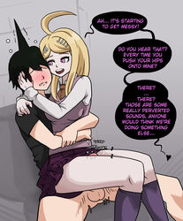 1boy akamatsu_kaede assertive big_breasts blonde_hair blush breasts clothed clothed_sex clothing comic danganronpa danganronpa_v3 female femdom hugging_from_behind male mosbles penis precum straight straight_hair thick_thighs thigh_sex