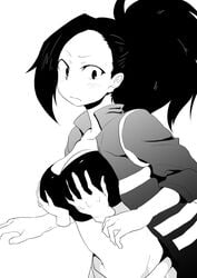 1girls big_breasts black_and_white breast_fondling breast_grab breast_hold breasts female female_focus female_only fondling_breast hands_on_breasts large_breasts male_out_of_frame momo_yaoyorozu my_hero_academia ponytail shigaraki_tomura solo_female solo_focus tomura_shigaraki white_background yaoyorozu_momo