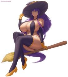 1girls adjusting_hat adjusting_headwear armwear artist_website bakunyuu bare_shoulders big_hat broom broom_riding broomstick busty eiken female flying flying_broom footwear full_cleavage gloves gold_footwear gold_gloves halloween hi_res kirika_misono legwear long_hair long_hair_female long_purple_hair low-angle_view o-ring patreon_url patreon_username purple_armwear purple_clothing purple_hair purple_hair_female purple_hat purple_legwear purple_thighhighs sideboob sling_bikini sling_top solo superbusty thighhighs underboob url very_long_hair white_background witch witch_hat yellow_footwear yellow_gloves