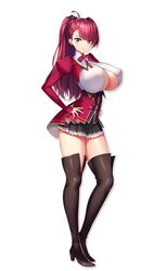 boots cleavage female game_cg honoo_no_haramase huge_breasts long_hair looking_at_viewer miniskirt open_shirt red_hair school_uniform schoolgirl