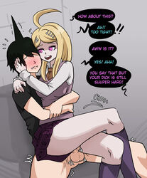 1boy akamatsu_kaede assertive big_breasts blonde_hair blush breasts clothed clothed_sex clothing comic crossed_legs danganronpa danganronpa_v3 female femdom hugging_from_behind male mosbles penis straight straight_hair thick_thighs thigh_sex