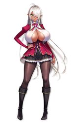 boots cleavage dark_elf dark_skin elf elf_ears female game_cg green_eyes hair_over_one_eye honoo_no_haramase huge_breasts long_hair looking_at_viewer miniskirt pointy_ears school_uniform schoolgirl white_hair