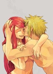 1boy 1girls arm_around_neck blonde_hair breasts canon_couple closed_eyes couple duo embrace grey_background hand_in_hair hand_on_arm happy_sex hug i_(kaiyou) kissing_cheek long_hair male/female married married_couple namikaze_minato naruto naruto_shippuden nude red_hair sex shirtless short_hair simple_background smile spiky_hair straight topless uzumaki_kushina wholesome wholesome_nudity wholesome_sex