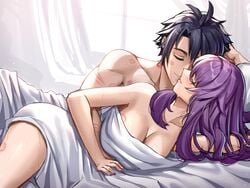 1boy 1girls after_sex bed_sheet big_breasts bite_mark black_hair blush breasts cleavage closed_eyes female hiiragi_shinoa hyakuya_yuuichirou kiss_mark lipstick lipstick_mark long_hair lying male male/female naked on_side owari_no_seraph purple_hair scratches shiny_hair shiny_skin smile spooning straight sweat
