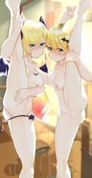 2girls blonde_hair blush breasts choco_ch. classroom cleft_of_venus completely_nude demon_girl demon_tail female high_resolution hololive hololive_gen_1 hololive_gen_2 hololive_japan horns innie_pussy large_breasts leg_lift leg_up looking_at_viewer medium_breasts mel_channel multiple_girls nipples nude splits spread_legs standing standing_on_one_leg succubus sunlight tail tail_censor vagina vertical_splits virtual_youtuber yozora_mel yukimi_papino yuzuki_choco