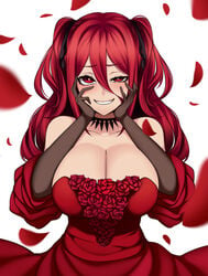 1girls aka_noju big_breasts blush blushing breasts camui_kamui_(hz_666v) cleavage collar collarbone crazy dress female female_only flower_petals gloves huge_breasts light-skinned_female light_skin long_hair looking_at_viewer original plain_background pov pov_eye_contact red_dress red_eyes red_hair smile solo twintails yandere yandere_trance