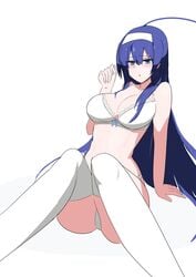 1girls bacantshift1st blue_eyes blue_hair blush breasts cleavage female female_only large_breasts long_hair open_mouth orie_ballardiae solo under_night_in-birth white_bra white_panties