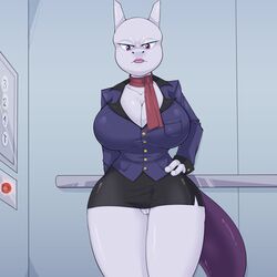 1girls absurd_res anthro big_breasts bottomwear breasts business_suit clothed clothing elevator fan_character female genitals hand_on_hip hi_res legendary_pokémon mew_tuely_(fan_character) mewtwo miniskirt nintendo no_panties no_underwear pokemon pokemon_(species) pokemon_rgby pussy scarf skirt solo suit video_games virito