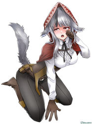 1girls big_breasts blush fire_emblem fire_emblem_fates gloves grey_hair hood kneeling long_hair monster_girl nintendo open_mouth red_eyes solo toshimasa velouria velouria_(fire_emblem) white_background wolf_girl