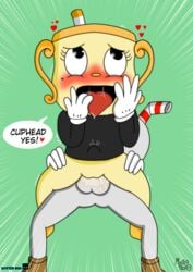 <3 1boy 1boy1girl 1girls animate_inanimate anthro cum cum_in_pussy cum_inside cuphead cuphead:_the_delicious_last_course cuphead_(game) english english_text eyes_open female female_on_top footwear for_a_head handwear male male_on_bottom ms._chalice myster_box object_head open_mouth reverse_cowgirl_position speech_bubble spread_legs spreading spreading_legs vaginal vaginal_penetration