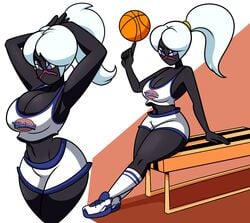 bare_legs bare_midriff basketball basketball_uniform big_breasts black_body black_skin cleavage clothing dark_skin duck_dodgers female humanoid long_hair martian no_mouth ponytail queen_tyr'ahnee shorts solo solo_female space_jam superspoe tagme tank_top thick thick_thighs thin_waist warner_brothers white_hair