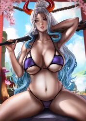 1girls absurd_res absurdres arm_up bare_arms bare_shoulders bare_skin bare_thighs belly big_belly big_breasts bikini bikini_bottom bikini_top blue_hair bra breasts brown_eyes busty cherry_blossoms cleavage clothed clothed_female clothing club_(weapon) cross_section curvy dandon_fuga demon ear_piercing earrings female female_focus female_only gradient_hair hand_behind_head hi_res high_resolution highres holding_club holding_weapon hoop_earrings horned_humanoid horns humanoid kanabou large_belly large_breasts large_filesize light-skinned_female light_skin long_hair long_ponytail looking_at_viewer multicolored_hair one_piece oni oni_horns panties ponytail purple_clothes purple_clothing red_horns revealing_clothes round_belly simple_background solo solo_female solo_focus thick_thighs thighs toned toned_arms toned_body toned_female two_tone_hair underwear very_high_resolution weapon white_hair wide_hips yamato_(one_piece) yellow_eyes yokai
