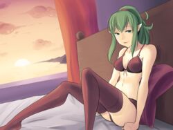 1girls bed boa_(brianoa) bra breasts eyebrows_visible_through_hair female fire_emblem fire_emblem_awakening green_eyes green_hair long_hair looking_at_viewer nintendo open_mouth panties pointy_ears ponytail small_breasts smile solo solo_female thighhighs tiki_(adult)_(fire_emblem) tiki_(fire_emblem) underwear