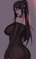 1girls bare_shoulders black_hair boobs_and_butt_pose clothing curvaceous ennuigrl erato_(ennuigrl) female female_only grey_background high_ponytail hourglass_figure long_hair looking_at_viewer looking_back narrowed_eyes original_character red_eyes side_view slit_pupils solo solo_female very_high_resolution