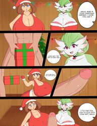 abs ass blush breasts brown_hair choker christmas cleavage comic female gardevoir green_eyes huge_breasts huge_butt huge_cock huge_nipples kabokondo90 male male_human/female_pokemon may_(pokemon) pokemon pokemon_(species) present red_eyes santa_costume unseen_male_face veins