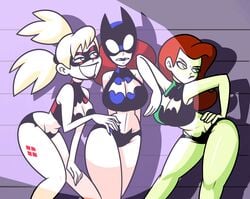 2d 3girls barbara_gordon bare_legs bare_midriff batgirl batman_(series) big_breasts blonde_hair cleavage cleavage_cutout dc dc_comics female female_only fully_clothed green-skinned_female green_skin harley_quinn lipstick mask pale_skin pamela_isley poison_ivy red_hair revealing_clothes superspoe swimsuit tagme thick thick_thighs thin_waist