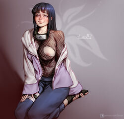 1girls areolae blush breasts exposed_breasts female female_only hyuuga_hinata lerapi medium_breasts naruto nipples solo torn_clothes wardrobe_malfunction