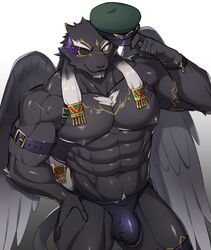 2021 aaassstaro abs anthro black_body black_fur bulge clothing eye_patch eyewear feathered_wings feathers felid fur hat headgear headwear leather_straps male male_only mammal muscular muscular_anthro muscular_male nipples pantherine pecs simple_background solo solo_male tezcatlipoca tokyo_afterschool_summoners video_games wings