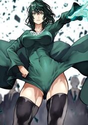 black_hair black_legwear breasts cameltoe chain_necklace covered_navel covered_nipples crowd dress dress_lift female floating_rock fubuki_(one-punch_man) glowing glowing_hand green_dress green_eyes hand_on_hip high_collar highres medium_breasts medium_hair messy_hair muscular_female no_bra one-punch_man solo_focus taut_clothes taut_dress telekinesis thick_thighs thighhighs thighs toned wind wind_lift windy_dress yoshi55level