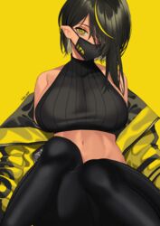 abs belly_button big_breasts black_hair black_legwear black_mask dark-skinned_female dark_elf dark_hair dark_skin elf elf_ears elf_female female female_only gloves hair_between_eyes hair_over_one_eye leaning_back leggings lilith_(lilycious) lilycious long_hair looking_at_viewer mask masked multicolored_hair navel one_eye_covered painted_nails pointy_ears short_hair sideboob undressing virgin_killer_sweater yellow_background yellow_eyes yellow_hair