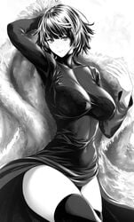 bangs breasts covered_navel dress female fubuki_(one-punch_man) fur_coat greyscale large_breasts long_sleeves looking_at_viewer monochrome one-punch_man short_hair smile taut_clothes taut_dress thighs zucchini