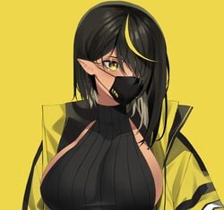 big_breasts black_hair black_mask dark-skinned_female dark_elf dark_hair dark_skin elf elf_ears elf_female female female_only hair_between_eyes hair_over_one_eye lilith_(lilycious) lilycious long_hair looking_away mask masked mole mole_on_breast multicolored_hair pointy_ears virgin_killer_sweater yellow_background yellow_eyes yellow_hair