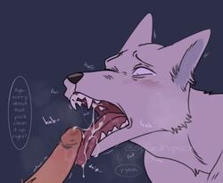 anthro beastars black_nose blush bodily_fluids breath canid canine canis cervid cervine cum cum_drip cum_in_mouth cum_inside dialogue dripping duo genital_fluids genitals legoshi_(beastars) licking louis_(beastars) male male/male male_only mammal open_mouth oral orgasm panting penile penis penis_lick red_deer sex spicedpopsicle tears teeth tongue tongue_out white_body wolf