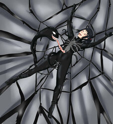 abs arms_up artist_request black_hair bodysuit bondage corruption kas-min legs_apart legs_spread marvel medium_breasts monster navel_fetish navel_penetration nipples nude open_mouth peril ponytail red_eyes restrained samurai_champloo spider_web straight_hair tentacle tentacle_sex tongue tongue_out venom_(marvel) yatsuha_imano